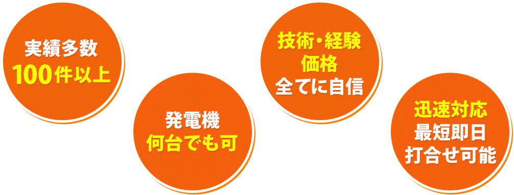 実績多数100件以上　発電機何台でも可　技術・経験　価格全てに自信　迅速対応最短即日打合せ可能